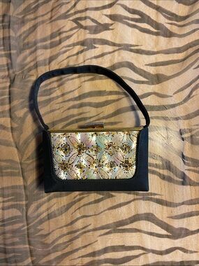 Vintage Black Wristlet Clutch with Iridescent Floral Front
